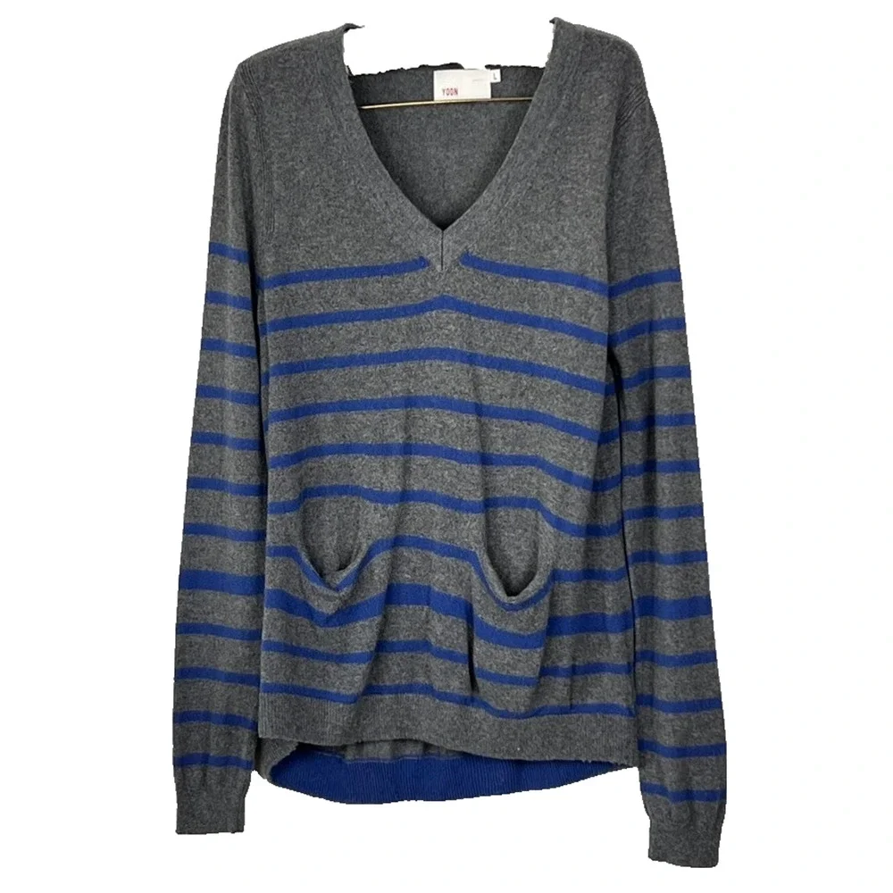Yoon By Anthropology Grey Blue Long Sleeve Knit Sweater Women's Size L V-Neck